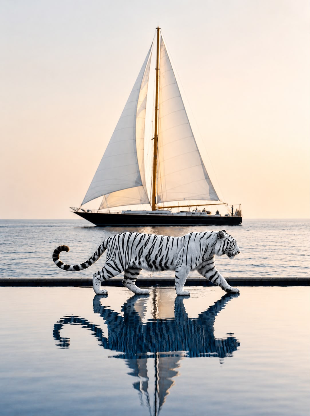 ROYDEN — a white tiger walks the edge of an infinity pool before a sailing yacht at dawn